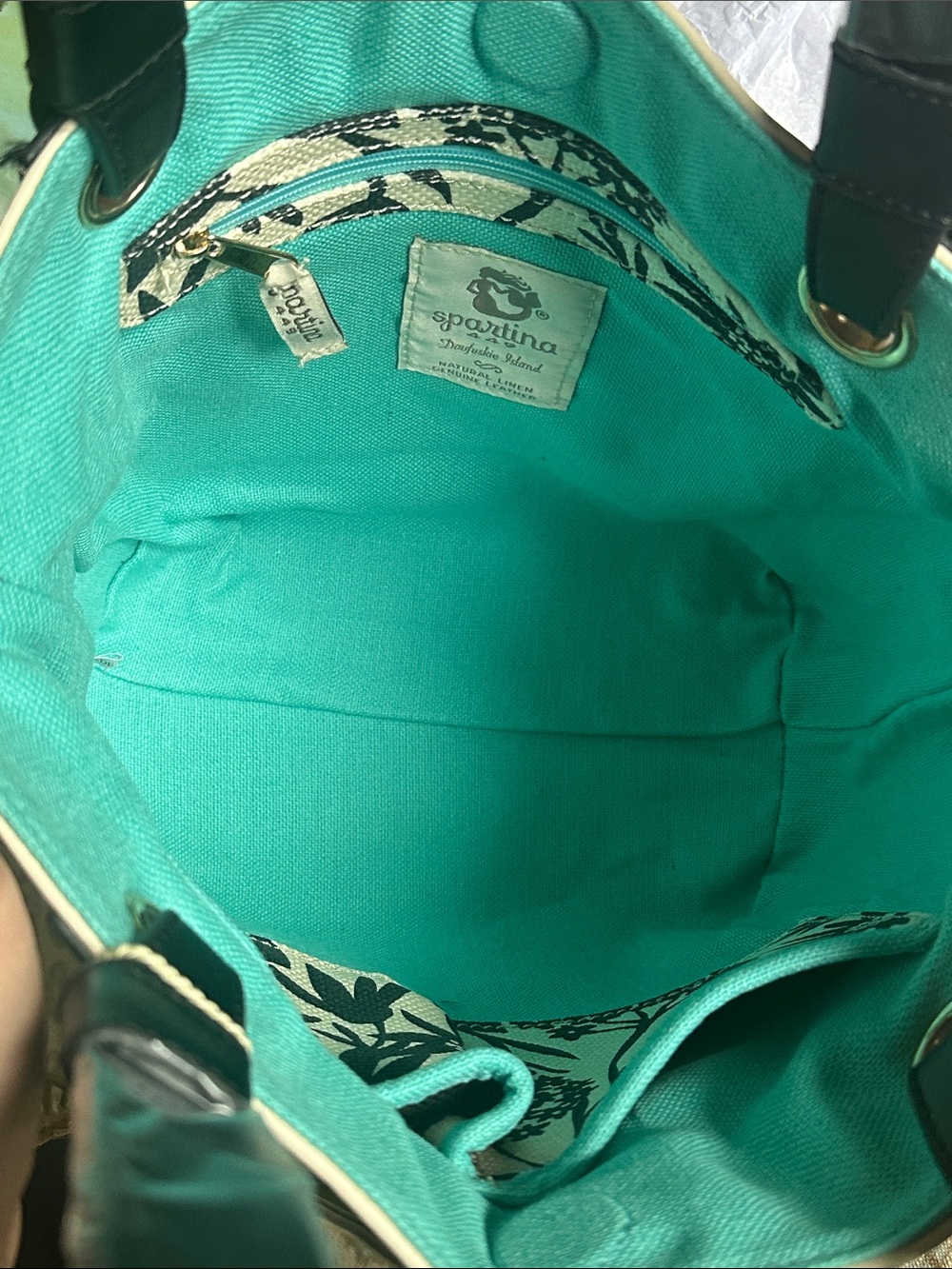 NWT Spartina 449 Black & Cream Floral Tote with Teal Interior Trim - Picture 3 of 11